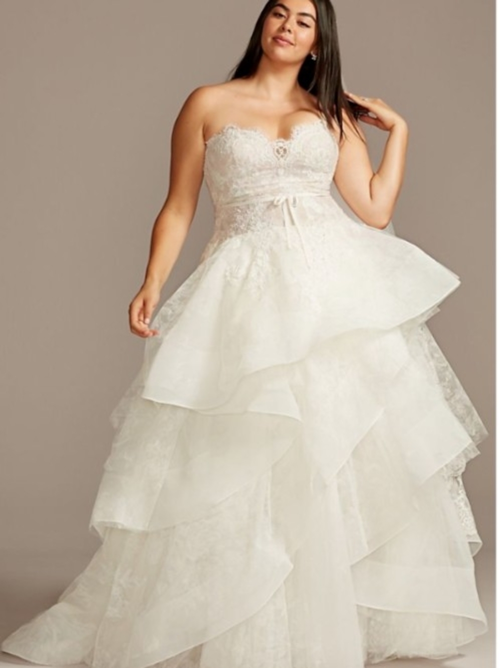 Oleg Cassini Strapless Layered Skirt Ballgown With Lace Printed Tulle